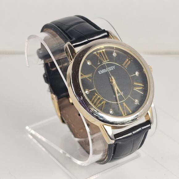 Embassy Quartz Watch Black Roman Dial Gold Tone Case 36.6mm Leather Band - Picture 10 of 14